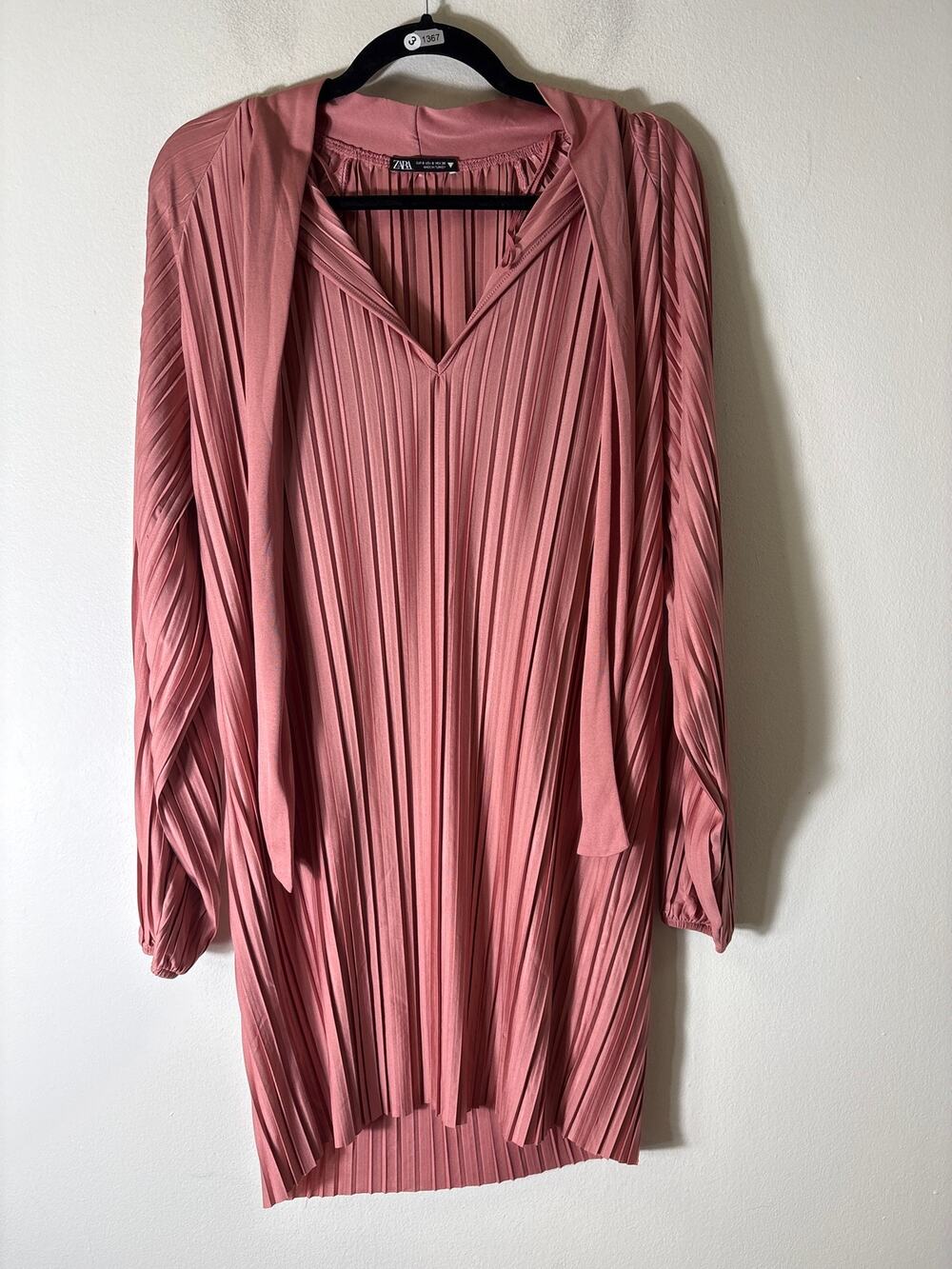 Zara Dusty Rose Pleated Long Sleeve Knee Length Dress Sz S